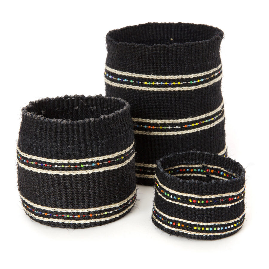 3-Piece Petite Dark Sisal Baskets with Colorful Beads