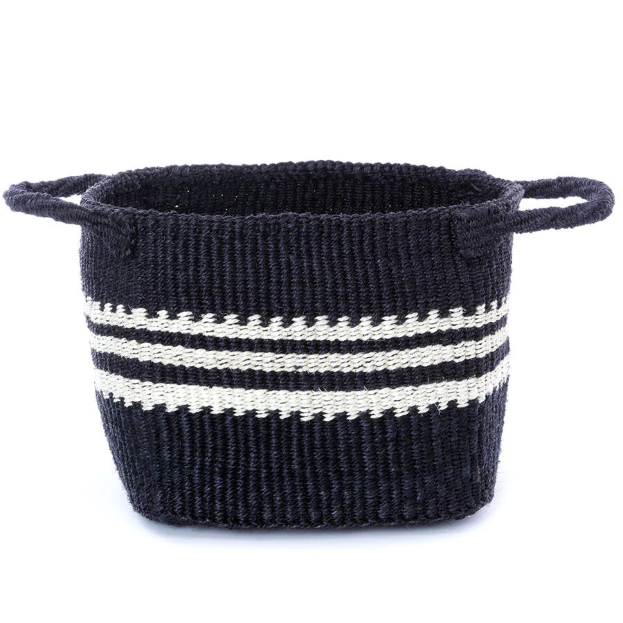 Black Square Bottom Sisal Basket with White Stripes