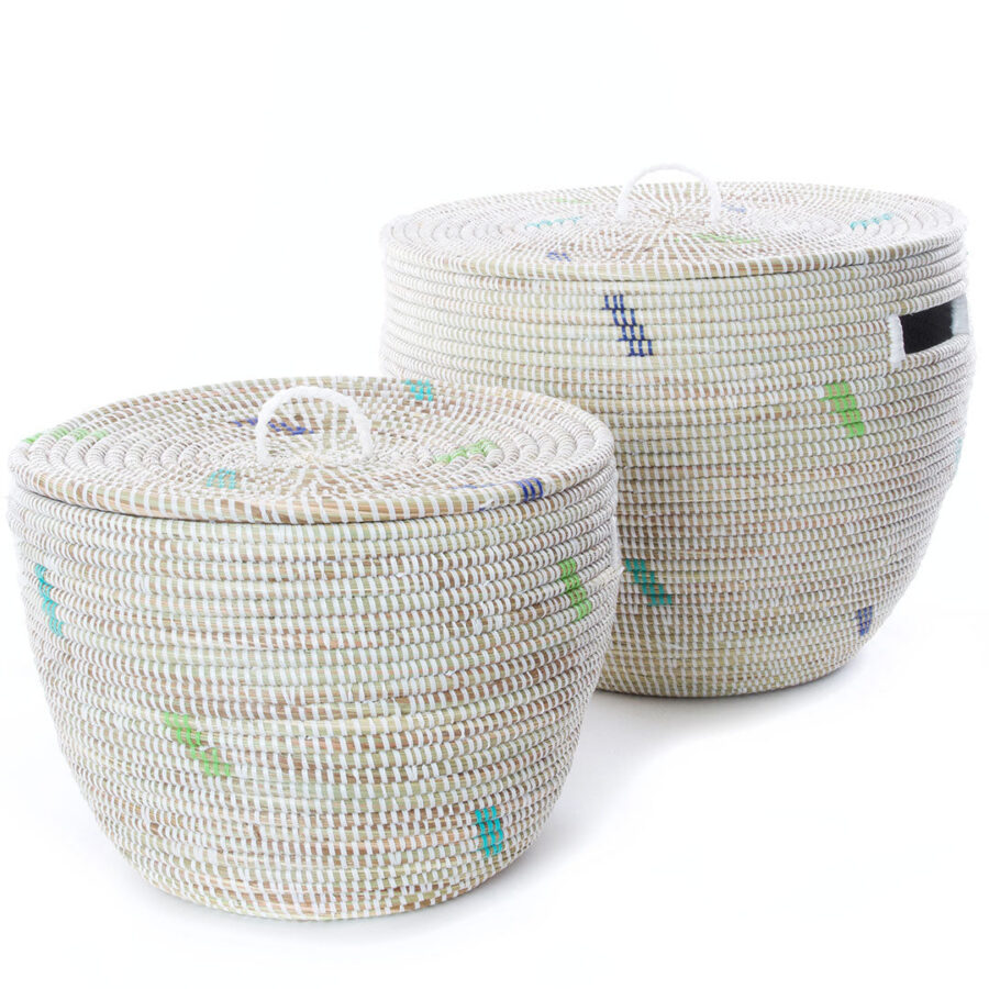 2-Piece White Nesting Baskets with Green & Blue Dash Pattern